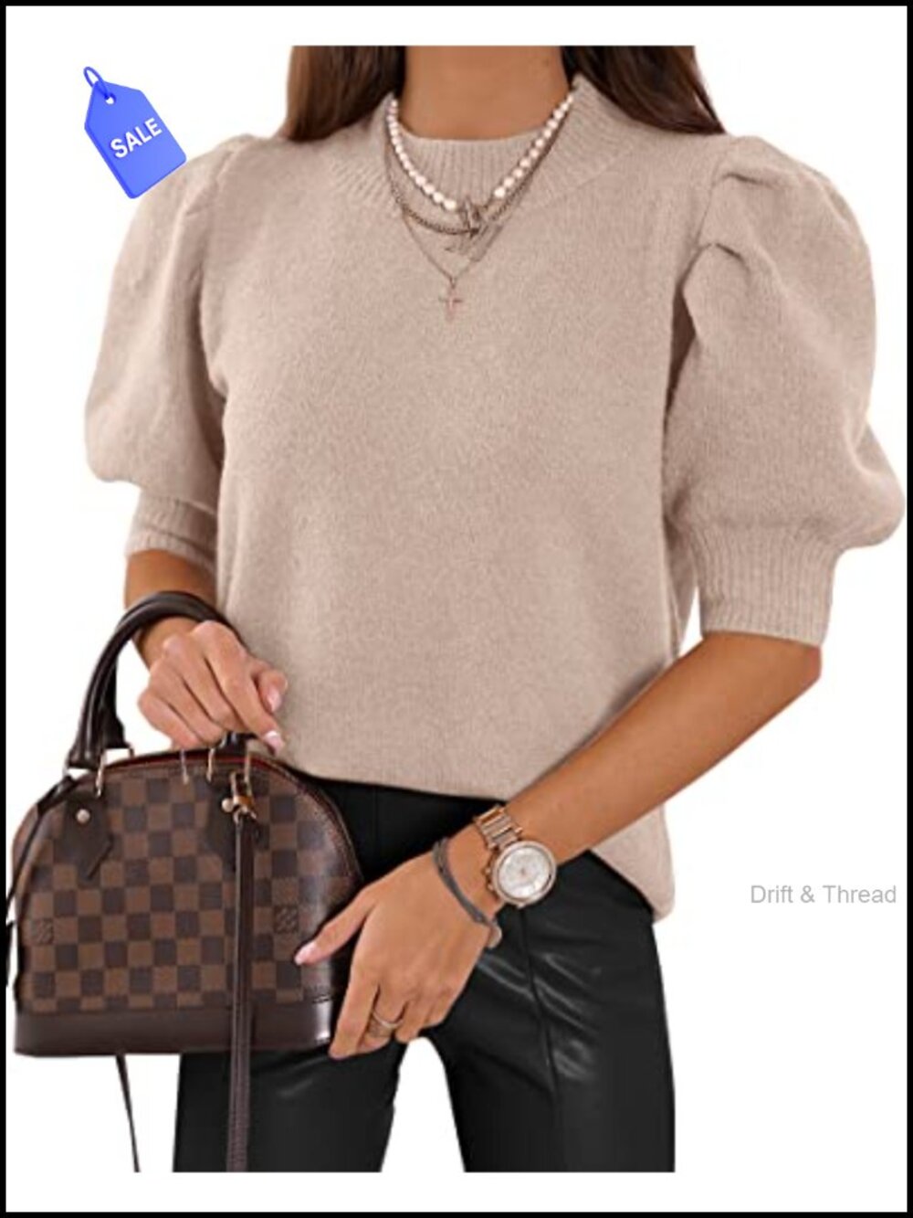 Women's Puff Short Sleeve Sweater Top Knit Crew Neck Casual Blouse